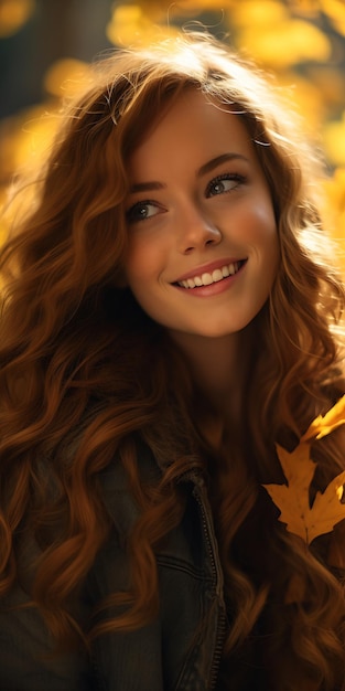 close-up vrouw lang rood haar met blad perfecte witte herfstkleur sexy meisje blond lichaamskenmerken