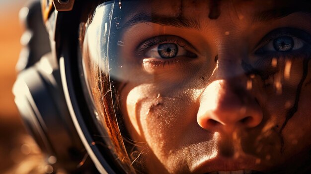 Foto close-up vrouwelijke astronaut in astronaut helm en spacesuit