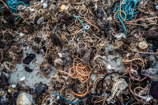 Close-up vuilnis gegooid naar het strand Generatieve AI