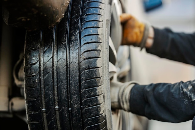 Photo close up of vulcanizing worker changing tire