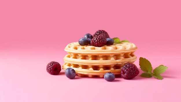 A close up of a waffle with berries and mint leaves on a pink background generative ai