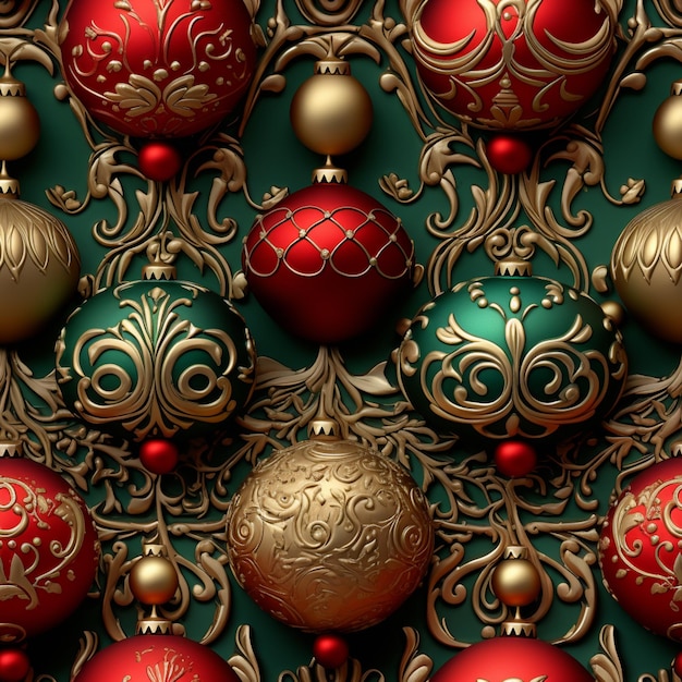 a close up of a wall of christmas ornaments with gold and red ornaments generative ai