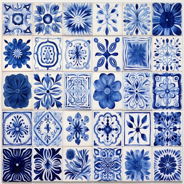 A close up of a wall with blue and white tiles generative ai