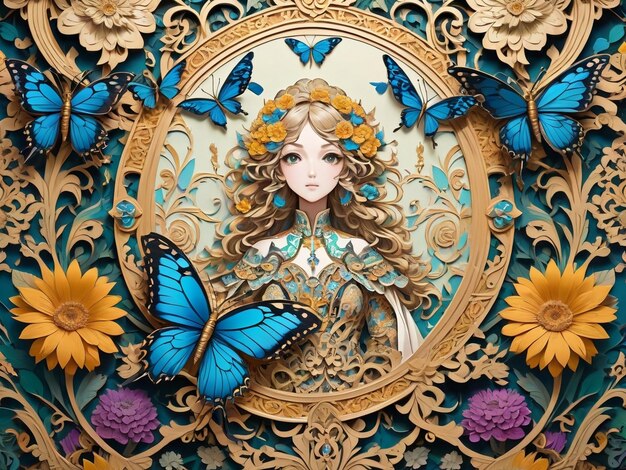 a close up of a wall with flowers and a butterfly intricate ornate anime girl cgi style