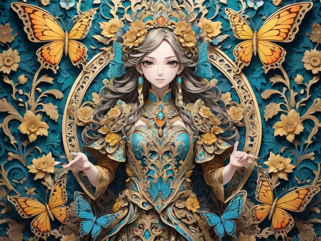 a close up of a wall with flowers and a butterfly intricate ornate anime girl cgi style