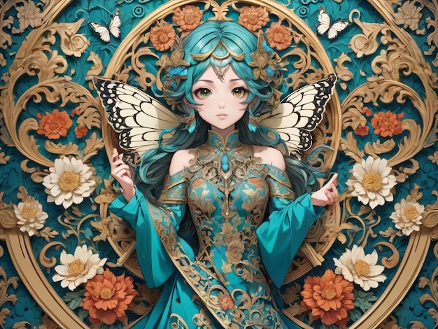 a close up of a wall with flowers and a butterfly intricate ornate anime girl cgi style