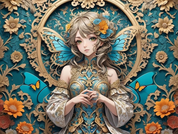 a close up of a wall with flowers and a butterfly intricate ornate anime girl cgi style