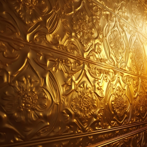 A close up of a wall with gold foiled tiles.
