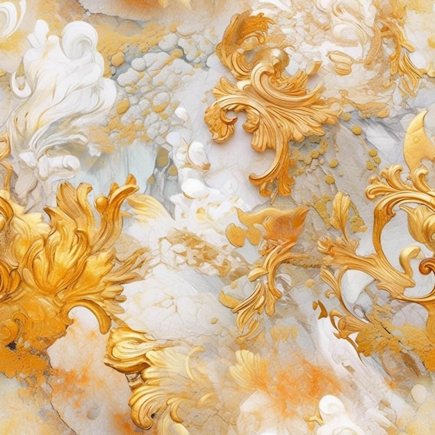 A close up of a wall with gold and white designs generative ai