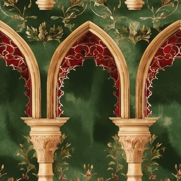 a close up of a wall with a green and red wallpaper generative ai