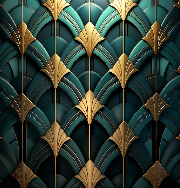 a close up of a wall with a pattern of gold leaves generative ai