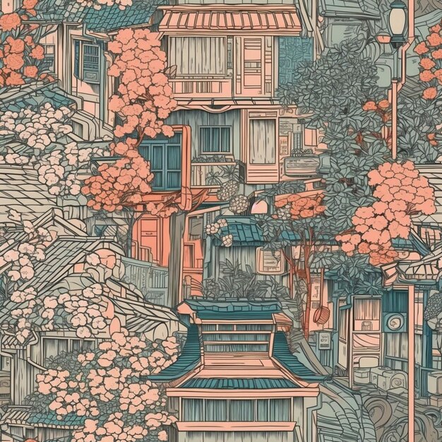 a close up of a wallpaper with a building and trees generative ai