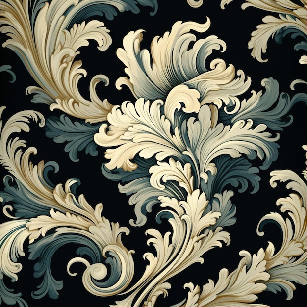 a close up of a wallpaper with a pattern of leaves and scrolls generative ai