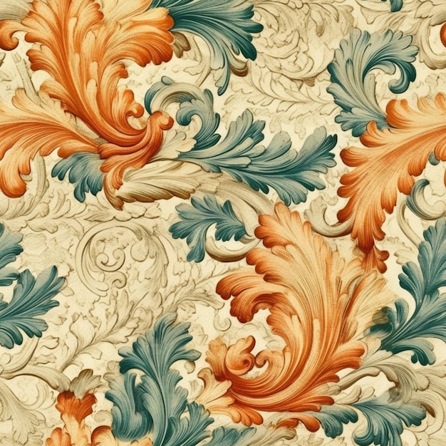 a close up of a wallpaper with a pattern of orange and blue leaves generative ai