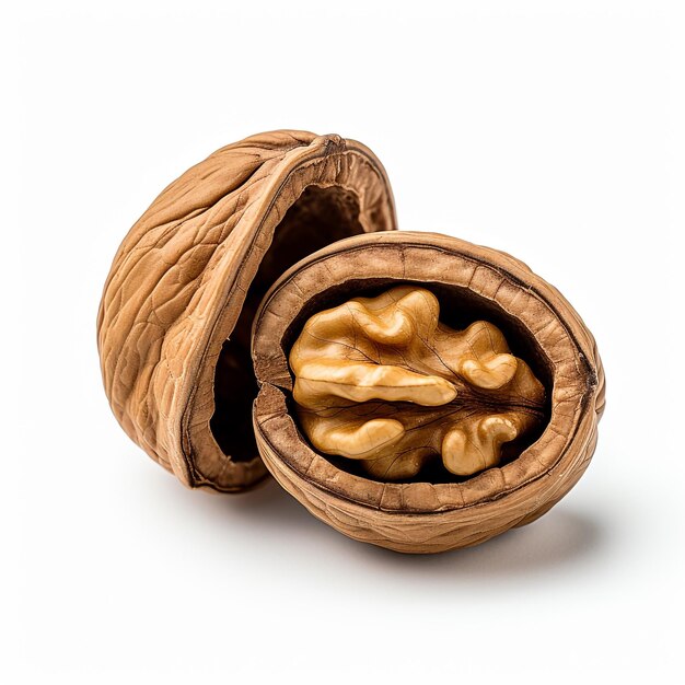 close up walnut kernel on white background