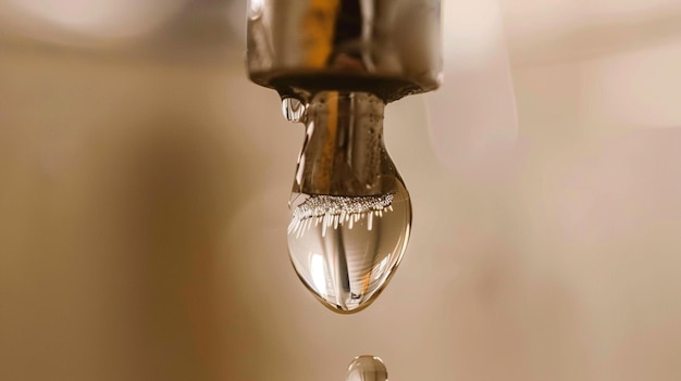 Foto chiudere a l'acqua gocciola alla fine del rubinetto generativo ai