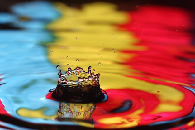 close up of a water drop falling and impact with a body of water