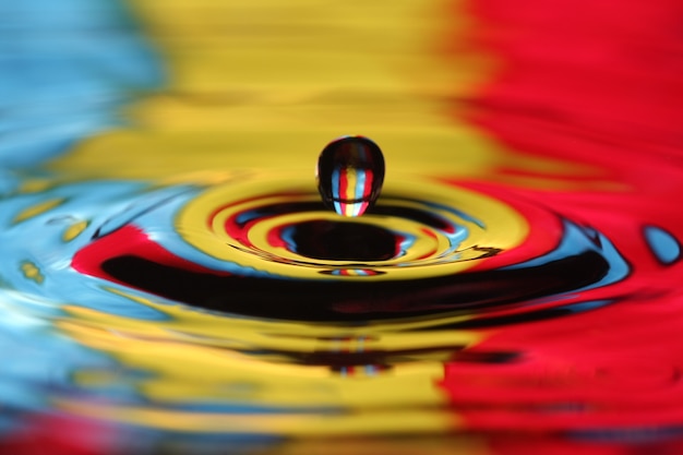 close up of a water drop falling and impact with a body of water