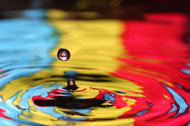 close up of a water drop falling and impact with a body of water