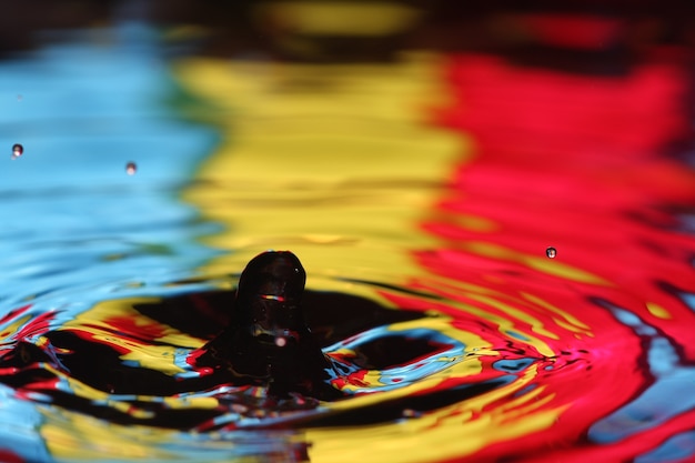 close up of a water drop falling and impact with a body of water