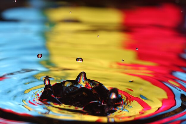 close up of a water drop falling and impact with a body of water