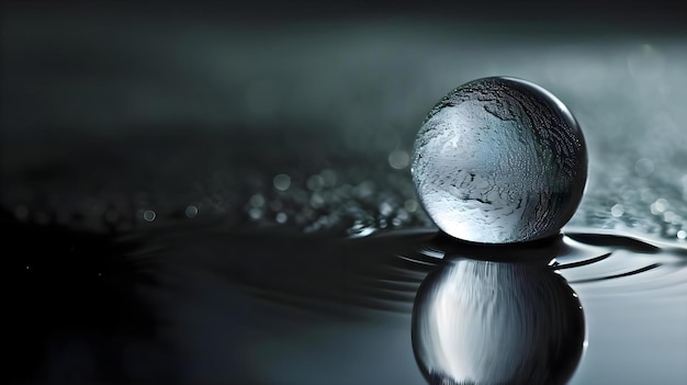 a close up of a water drop with a black and white background