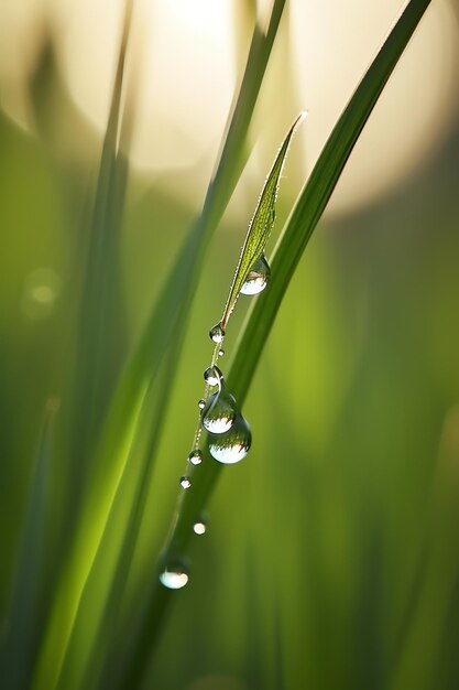 A close up of water droplets on a blade of grass