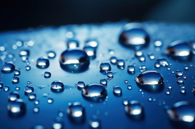 Photo a close up of water droplets on a blue surface generative ai