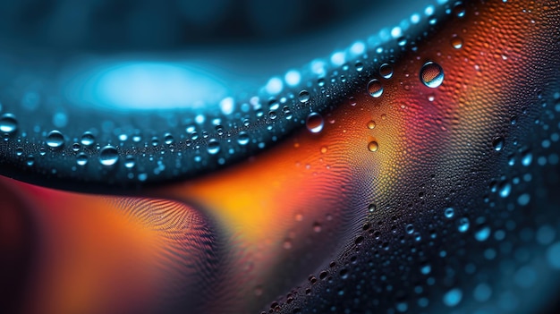 A close up of water droplets on a colorful surface