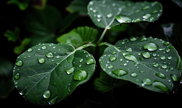 A close up of water droplets on a green leaf