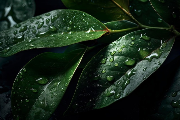 A close up of water droplets on a green leaf