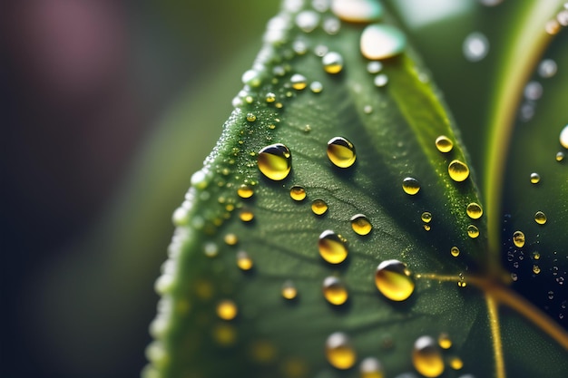 A close up of water droplets on a green leaf