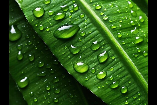 A close up of water droplets on a green leaf