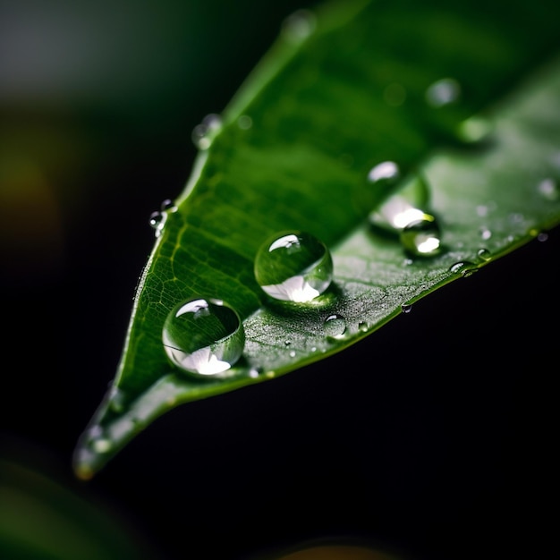 A close up of water droplets on a green leaf