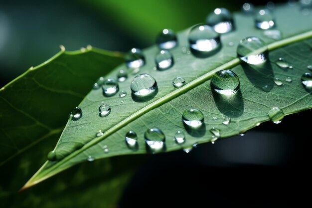 A close up of water droplets on a leaf catching the light in a delicate balance