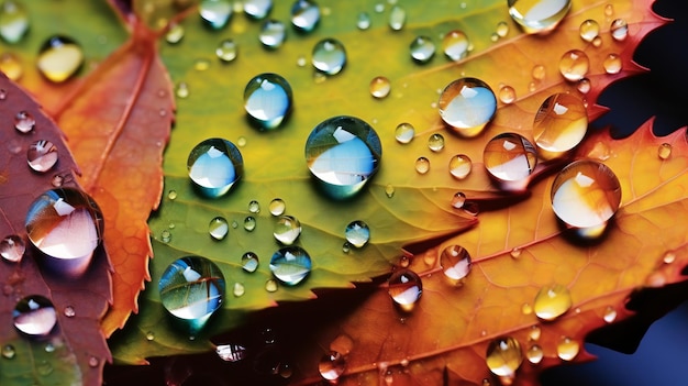 A close up of water droplets on a leaf