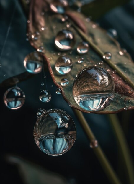 葉の上の水滴のクローズ アップ