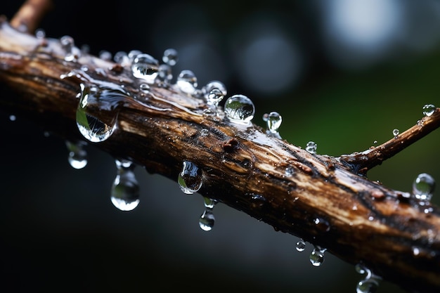 森に雨が降っている中で古い木の枝に水滴を接写します