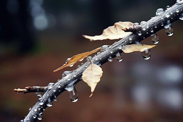 森に雨が降っている中で古い木の枝に水滴を接写します