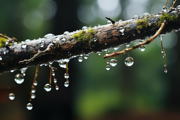 Foto primo piano goccioline d'acqua al vecchio ramo di un albero che piove sulla foresta