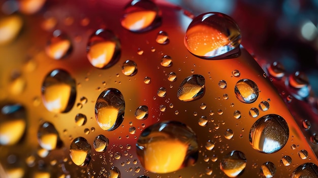 A close up of water droplets on a red background