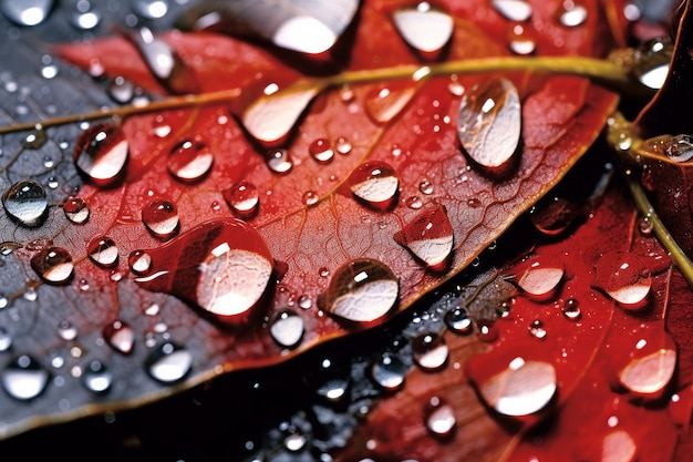 A close up of water droplets on a red leaf