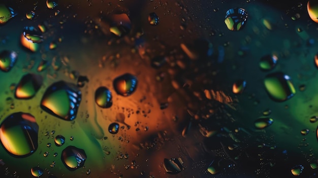 A close up of water drops on a colorful background