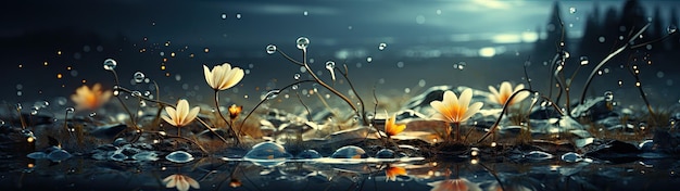 A close up of water drops and flowers