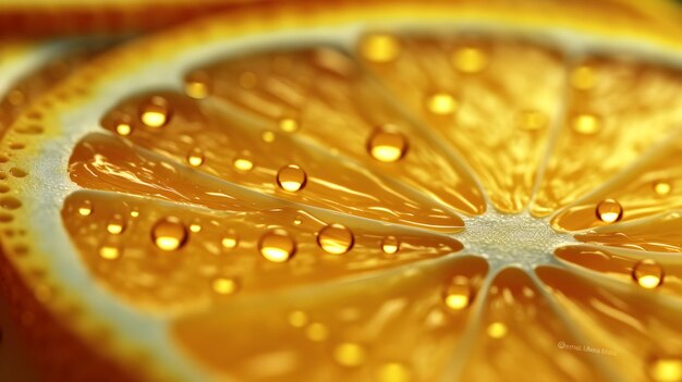 A close up of water drops on a slice of orange