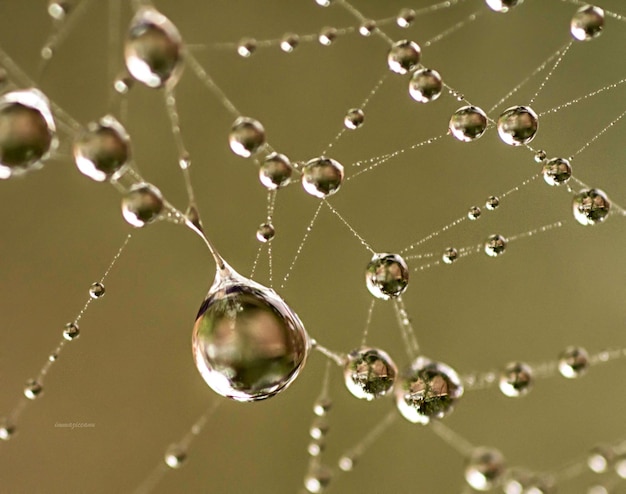 Prossimo piano di gocce d'acqua sulla rete di ragno