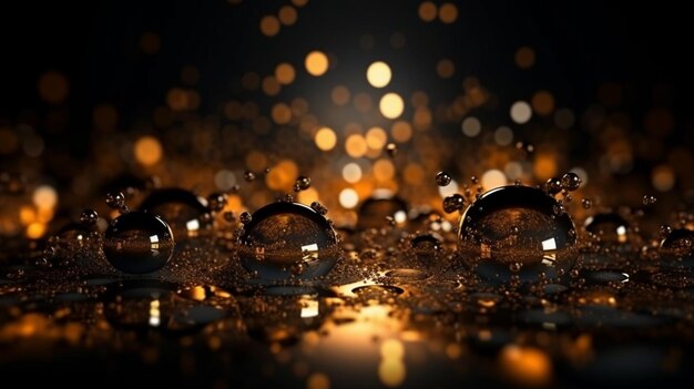 A close up of water drops on a wet surface