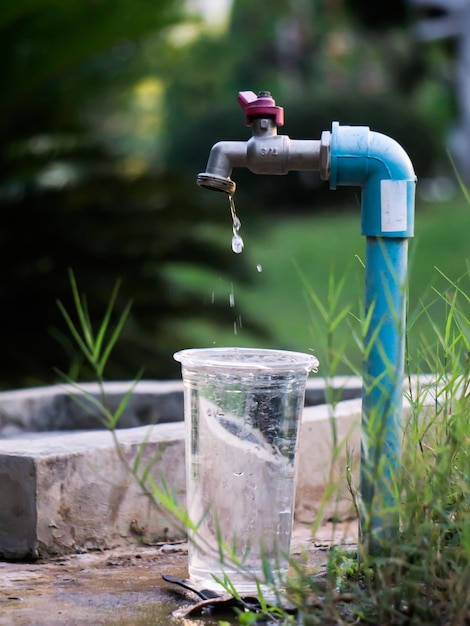 Close-up of water faucet in glass container