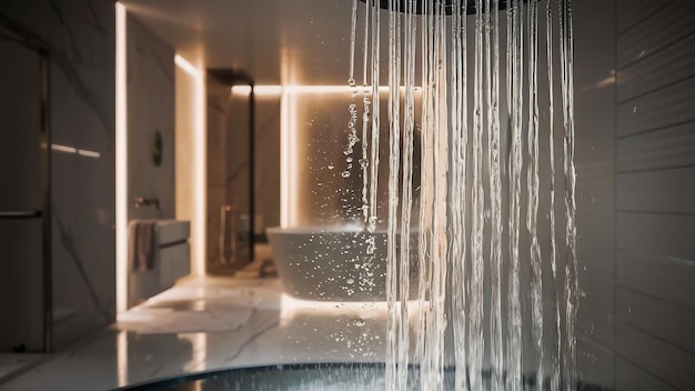 Close up of water flowing from shower in the bathroom interior