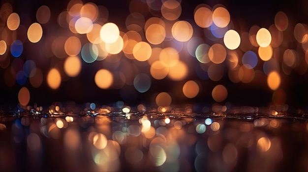 A close up of a water puddle with lights in the background